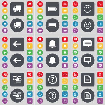 Truck, Battery, Smile, Arrow left, Notification, Chat bubble, Helicopter, Question mark, Text file icon symbol. A large set of flat, colored buttons for your design. illustration