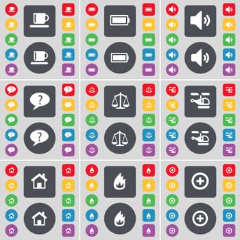 Cup, Battery, Sound, Chat bubble, Scales, Helicopter, House, Fire, Plus icon symbol. A large set of flat, colored buttons for your design. illustration