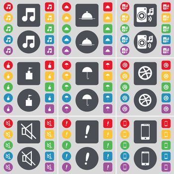 Note, Tray, Speaker, Flag tower, Umbrella, Ball, Mute, Exclamation mark, Smartphone icon symbol. A large set of flat, colored buttons for your design. illustration