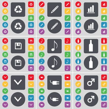 Recycling, Pencil, Diagram, Floppy, Note, Bottle, Arrow down, Socket, Mars symbol icon symbol. A large set of flat, colored buttons for your design. illustration