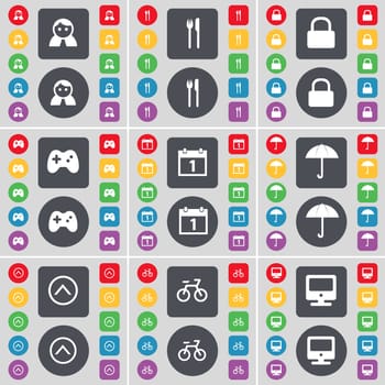Avatar, Fork and knife, Lock, Gamepad, Calendar, Umbrella, Arrow up, Bicycle, Monitor icon symbol. A large set of flat, colored buttons for your design. illustration