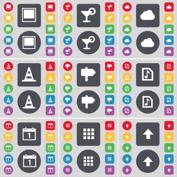 Window, Cocktail, Cloud, Cone, Signpost, Music file, Calendar, Apps, Arrow up icon symbol. A large set of flat, colored buttons for your design. illustration