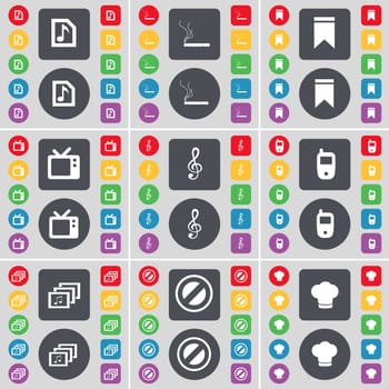 Music file, Cigarette, Marker, Retro TV, Clef, Mobile phone, Gallery, Stop, Cooking hat icon symbol. A large set of flat, colored buttons for your design. illustration