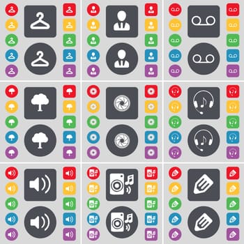 Hanger, Avatar, Cassette, Tree, Lens, Headphones, Sound, Speaker, Pencil icon symbol. A large set of flat, colored buttons for your design. illustration