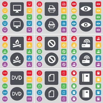 Monitor, Printer, Vision, Campfire, Stop, Router, DVD, File, Notebook icon symbol. A large set of flat, colored buttons for your design. illustration