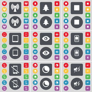 Wi-Fi, Firtree, Media stop, Tablet PC, Vision, Mobile phone, Smartphone, Moon, Mute icon symbol. A large set of flat, colored buttons for your design. illustration