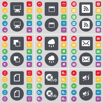 Monitor, Calandar, RSS, Copy, Cloud, Message, File, DVD, Mute icon symbol. A large set of flat, colored buttons for your design. illustration