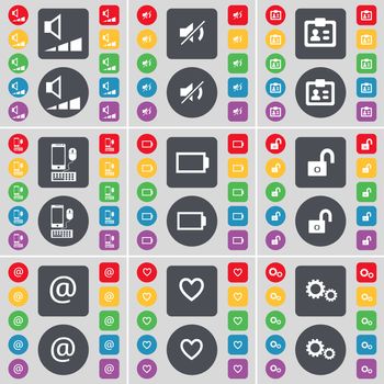 Volume, Mute, Contact, Smartphone, Battery, Lock, Mail, Heart, Gear icon symbol. A large set of flat, colored buttons for your design. illustration