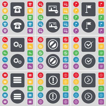 Retro phone, Picture, Golf hole, Gear, Stop, Tick, Apps, Information, Arrow right icon symbol. A large set of flat, colored buttons for your design. illustration