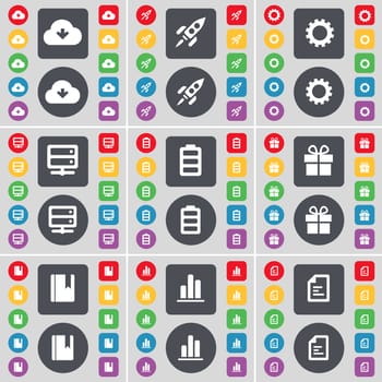 Cloud, Rocket, Gear, Server, Battery, Gift, Dictionary, Diagram, Text file icon symbol. A large set of flat, colored buttons for your design. illustration