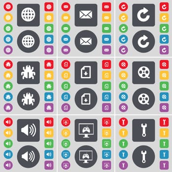 Globe, Message, Reload, Bug, File, Videotape, Sound, Monitor, Wrench icon symbol. A large set of flat, colored buttons for your design. illustration