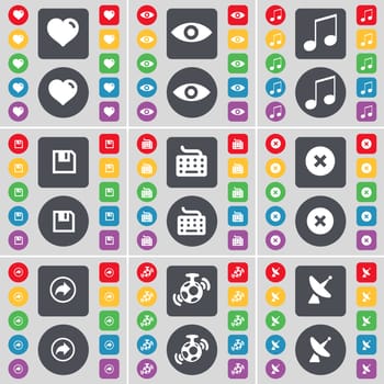 Heart, Vision, Note, Floppy, Keyboard, Stop, Back, Speaker, Satellite dish icon symbol. A large set of flat, colored buttons for your design. illustration