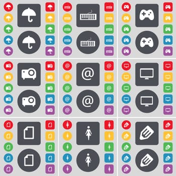 Umbrella, Keyboard, Gamepad, Projector, Mail, Monitor, File, Silhouette, Pencil icon symbol. A large set of flat, colored buttons for your design. illustration