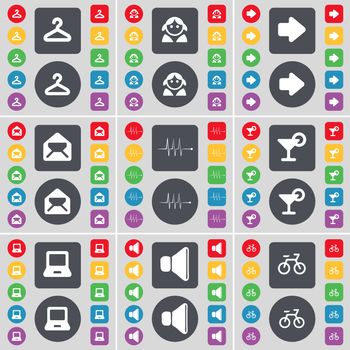 Hager, Avatar, Arrow right, Message, Pulse, Cocktail, Laptop, Sound, Bicycle icon symbol. A large set of flat, colored buttons for your design. illustration