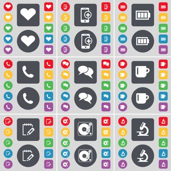 Heart, Smartphone, Battery, Receiver, Chat, Cup, Survey, Gramophone, Microscope icon symbol. A large set of flat, colored buttons for your design. illustration