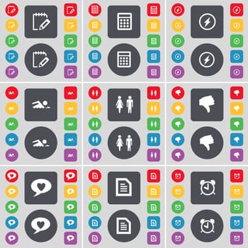 Survey, Calculator, Flash, Swimmer, Silhouette, Dislike, Chat bubble, Text file, Alarm clock icon symbol. A large set of flat, colored buttons for your design. illustration