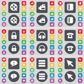 Videotape, Film camera, Notebook, Lock, Headphones, Retro phones, Chat bubble, Apps, Cursor icon symbol. A large set of flat, colored buttons for your design. illustration