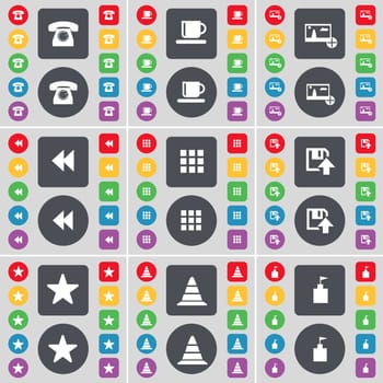 Retro phone, Cup, Picture, Rewind, Apps, Floppy, Star, Cone, Flag tower icon symbol. A large set of flat, colored buttons for your design. illustration