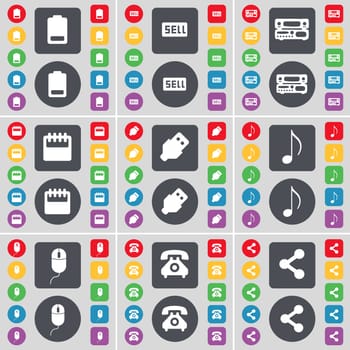 Battery, Sell, Record-player, Calendar, USB, Note, Mouse, Retro phone, Share icon symbol. A large set of flat, colored buttons for your design. illustration