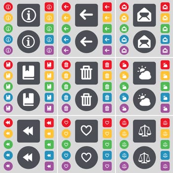 Information, Arrow left, Message, Dictionary, Trash can, Cloud, Rewind, Heart, Scales icon symbol. A large set of flat, colored buttons for your design. illustration
