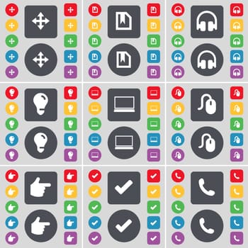 Moving, File, Headphones, Light bulb, Laptop, Mouse, Hand, Tick, Receiver icon symbol. A large set of flat, colored buttons for your design. illustration