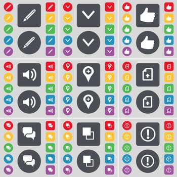 Pencil, Arrow down, Like, Sound, Checkpoint, File, Chat, Copy, Information icon symbol. A large set of flat, colored buttons for your design. illustration
