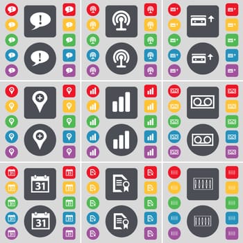 Chat bubble, Wi-Fi, Cassette, Checkpoint, Diagram, Calendar, Text file, Equalizer icon symbol. A large set of flat, colored buttons for your design. illustration