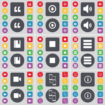 Quotation mark, Arrow down, Sound, Dictionary, Media stop, Apps, Film camera, Connection, Information icon symbol. A large set of flat, colored buttons for your design. illustration