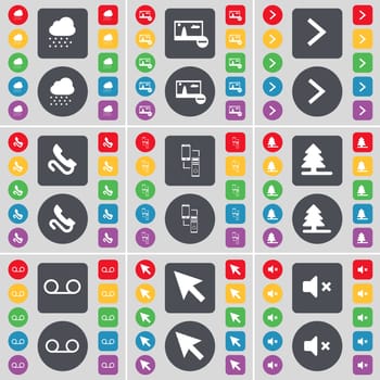 Cloud, Picture, Arrow right, Receiver, Connection, Firtree, Cassette, Cursor, Mute icon symbol. A large set of flat, colored buttons for your design. illustration