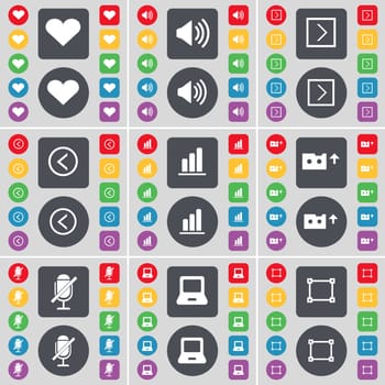 Heart, Sound, Arrow right, Arrow left, Diagram, Cassette, Microphone, Laptop, Frame icon symbol. A large set of flat, colored buttons for your design. illustration