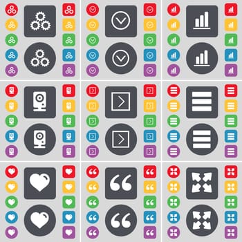 Gear, Arrow down, Diagram, Speaker, Arrow right, Apps, Heart, Quotation mark, Full screen icon symbol. A large set of flat, colored buttons for your design. illustration