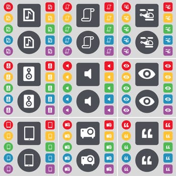 Music file, Scroll, Helicopter, Speaker, Sound, Vision, Tablet PC, Projector, Quotation mark icon symbol. A large set of flat, colored buttons for your design. illustration
