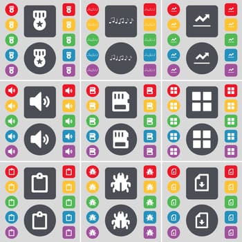 Media, Note, Graph, Sound, SIM card, Apps, Survey, Bug, File icon symbol. A large set of flat, colored buttons for your design. illustration
