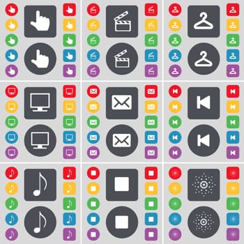 Hand, Clapper, Hager, Monitor, Message, Media skip, Note, Media stop, Star icon symbol. A large set of flat, colored buttons for your design. illustration