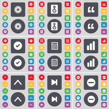 Lens, Speaker, Quotation mark, Tick, Calculator, Diagram, Arrow up, Media skip, Minus icon symbol. A large set of flat, colored buttons for your design. illustration