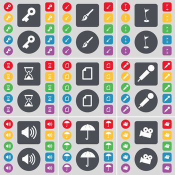 Key, Brush, Golf hole, Hourglass, File, Microphone, Sound, Umbrella, Film camera icon symbol. A large set of flat, colored buttons for your design. illustration