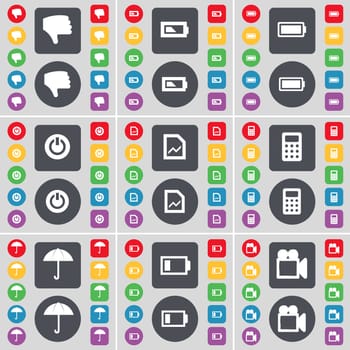 Dislike, Battery, Power, Graph file, Calculator, Umbrella, Battery, Film camera icon symbol. A large set of flat, colored buttons for your design. illustration