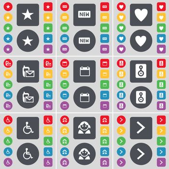 Star, New, Heart, SMS, Calendar, Speaker, Disabled person, Avatar, Arrow right icon symbol. A large set of flat, colored buttons for your design. illustration