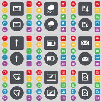 Microwave, Cloud, Floppy, Arrow up, Battery, Message, Heart, Laptop, File icon symbol. A large set of flat, colored buttons for your design. illustration