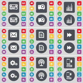 Record-player, Projector, Graph, Message, Text file, Rewind, Gear, Wi-Fi, Smartphone icon symbol. A large set of flat, colored buttons for your design. illustration