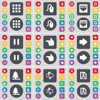 Apps, Mouse, LAN socket, Pause, Hand, Arrow right, Firtree, Mailbox, ZIP file icon symbol. A large set of flat, colored buttons for your design. illustration