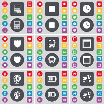 Laptop, Media skip, Clock, Badge, Bus, Window, Globe, Battery, Scooter icon symbol. A large set of flat, colored buttons for your design. illustration