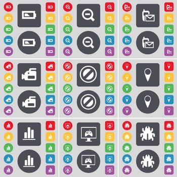 Battery, Minus, SMS, Film camera, Stop, Checkpoint, Diagram, Monitor, Bug icon symbol. A large set of flat, colored buttons for your design. illustration