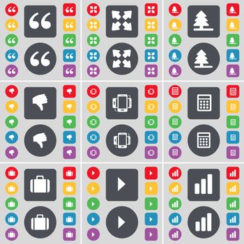 Quotation mark, Full screen, Firtree, Dislike, Smartphone, Calculator, Suitcase, Media play, Diagram icon symbol. A large set of flat, colored buttons for your design. illustration