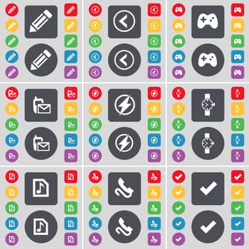 Pencil, Arrow left, Gamepad, SMS, Flash, Wrist watch, Music file, Receiver, Tick icon symbol. A large set of flat, colored buttons for your design. illustration