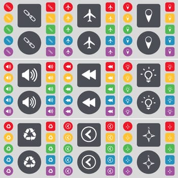 Link, Airplane, Checkpoint, Sound, Rewind, Light bulb, Recycling, Arrow left, Compass icon symbol. A large set of flat, colored buttons for your design. illustration