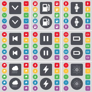 Arrow down, Gas station, Wrist watch, Media skip, Pause, Battery, Cloudd, Flash, Star icon symbol. A large set of flat, colored buttons for your design. illustration