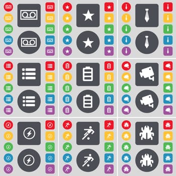 Cassette, Star, Tie, List, Battery, CCTV, Flash, Football, Bug icon symbol. A large set of flat, colored buttons for your design. illustration