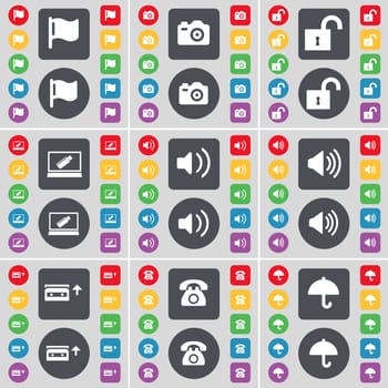 Flag, Camera, Lock, Laptop, Sound, Cassette, Retro phone, Umbrella icon symbol. A large set of flat, colored buttons for your design. illustration