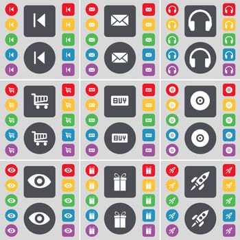 Media skip, Message, Headphones, Shopping cart, Buy, Disk, Vision, Gift, Rocket icon symbol. A large set of flat, colored buttons for your design. illustration